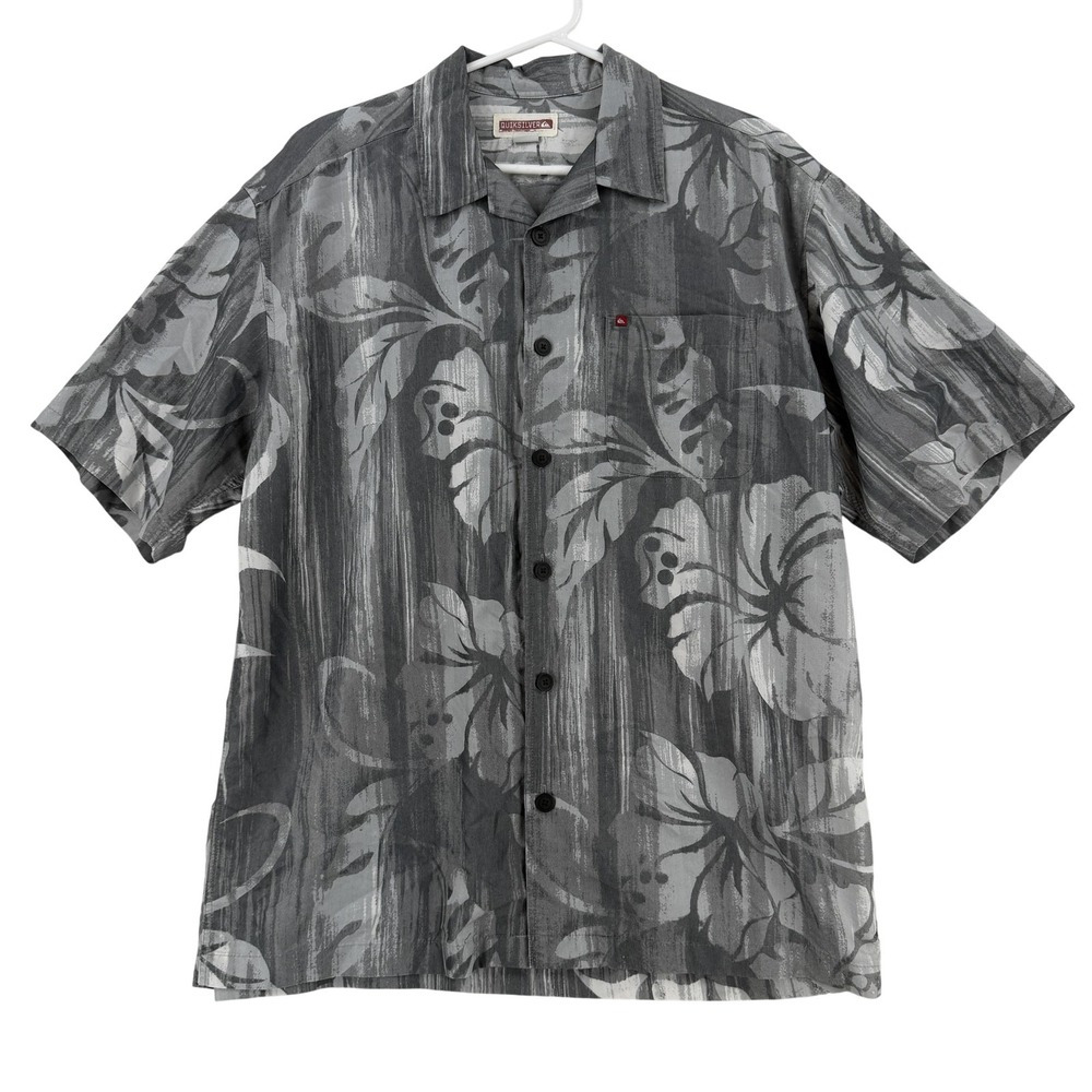 Quiksilver Hawaiian Shirt Mens Medium Gray Floral Short Sleeve Button Up VINTAGE